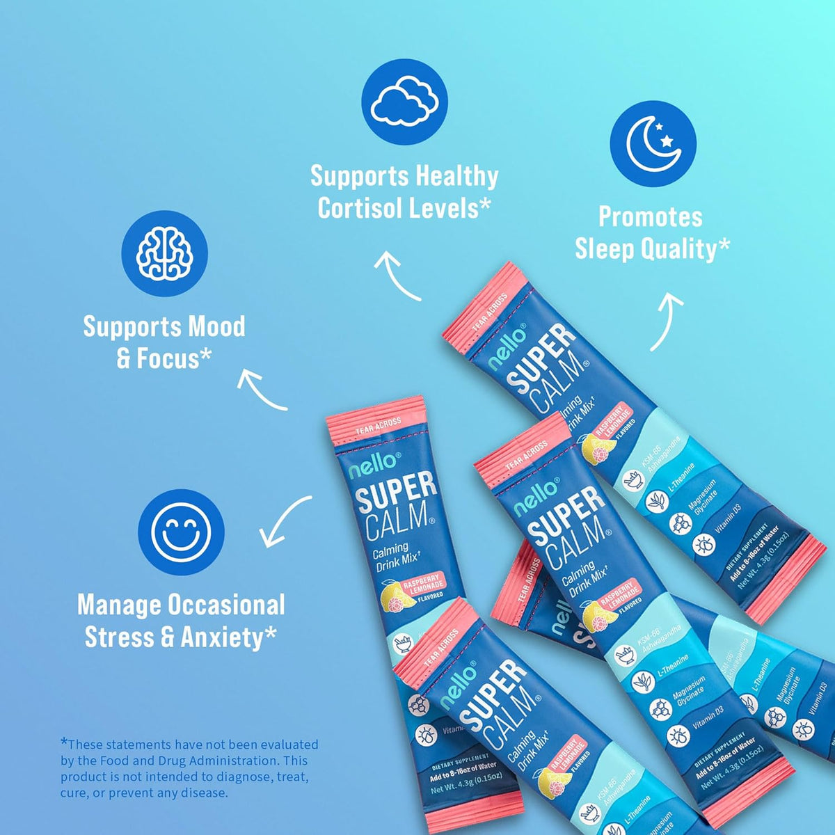 Nello Supercalm Powdered Drink Mix, Cortisol Reducer and Sleep Aid Supplement, 20 Ct, Raspberry Lemonade
