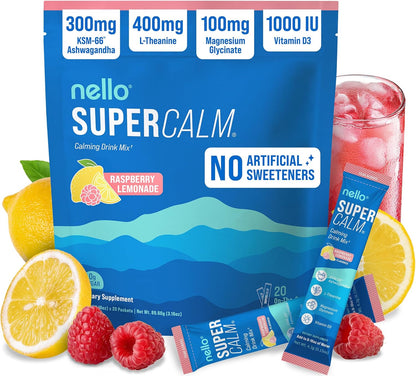Nello Supercalm Powdered Drink Mix, Cortisol Reducer and Sleep Aid Supplement, 20 Ct, Raspberry Lemonade